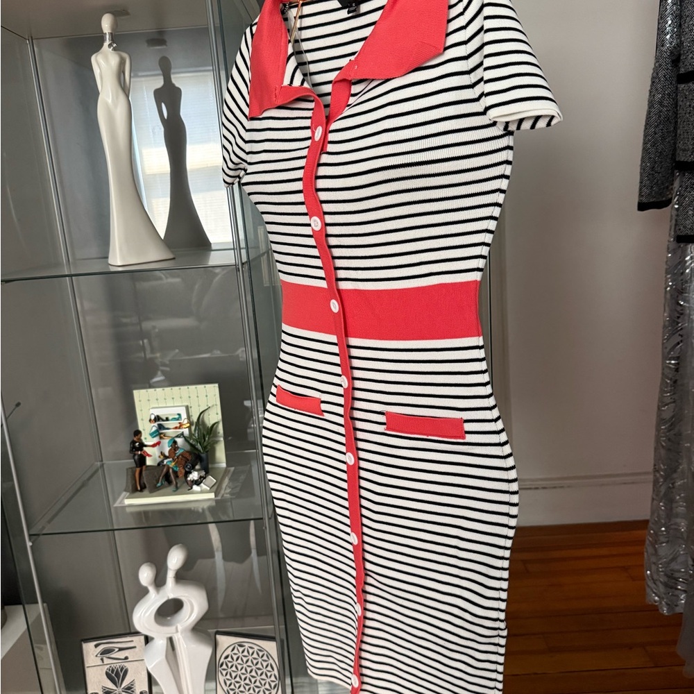Stripped Black, White & Coral Dress